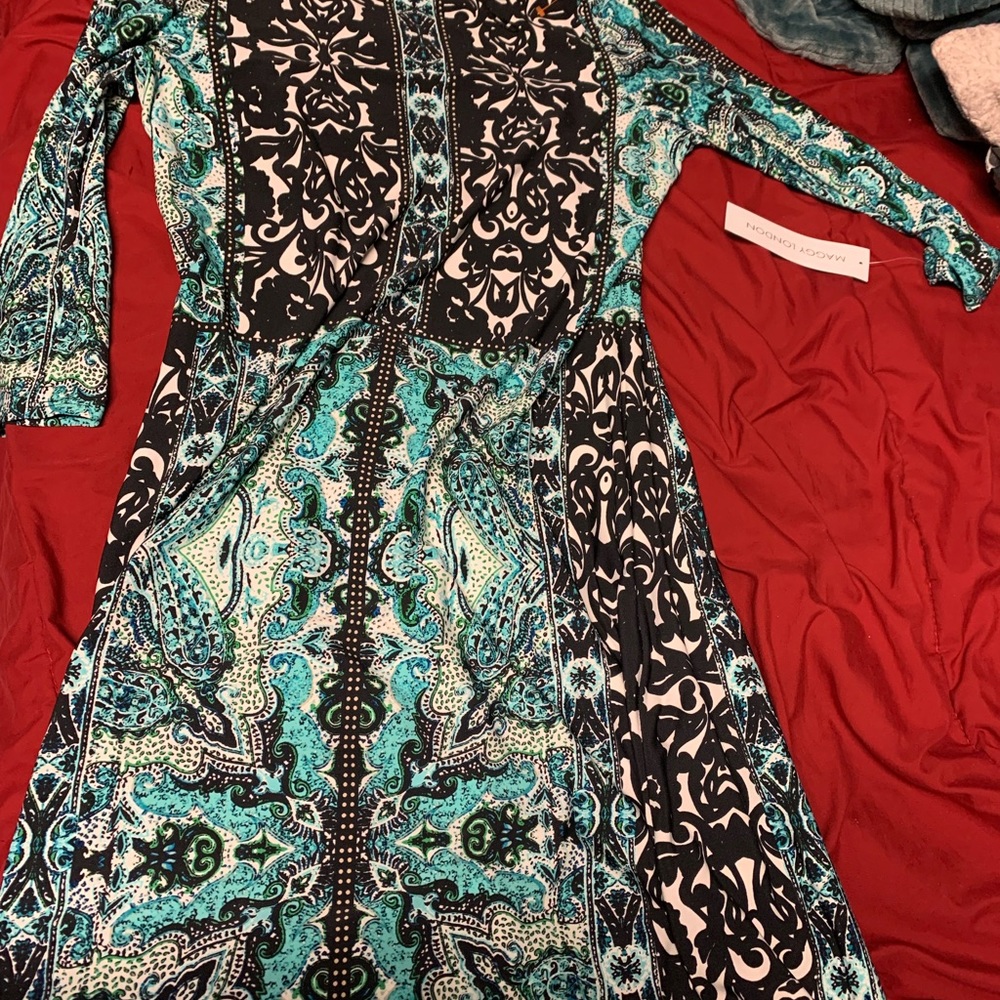 Green teal blue black and white dress